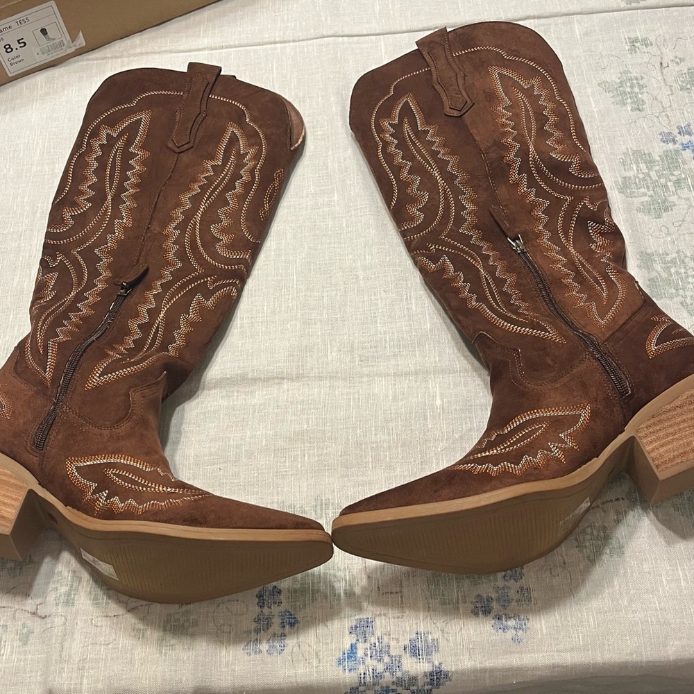 Women’s Brown Suede Over-the-Knee Western Boots with Embroidered Detail